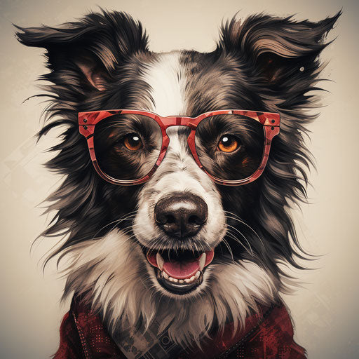 Border collie dog with glasses, graphic illustration