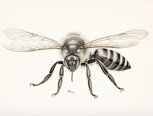 Drawing of a bee with head and feet, natural linear gravure