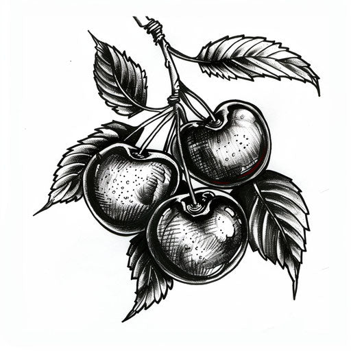 Gothic cherry tattoo with black leaves as ink drawing
