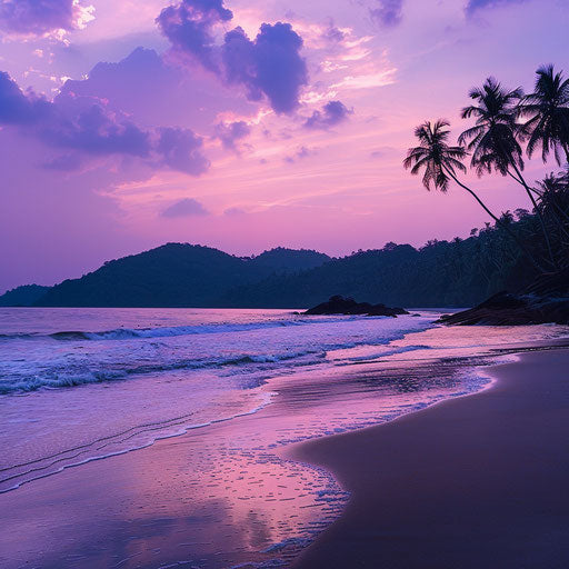 Palolem Beach, India at dusk with a pink and purple sky
