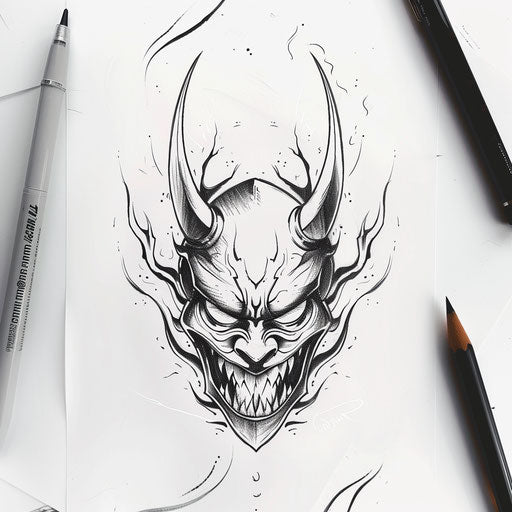 Clean tattoo sketch of a shinigami's mask with stark shadows