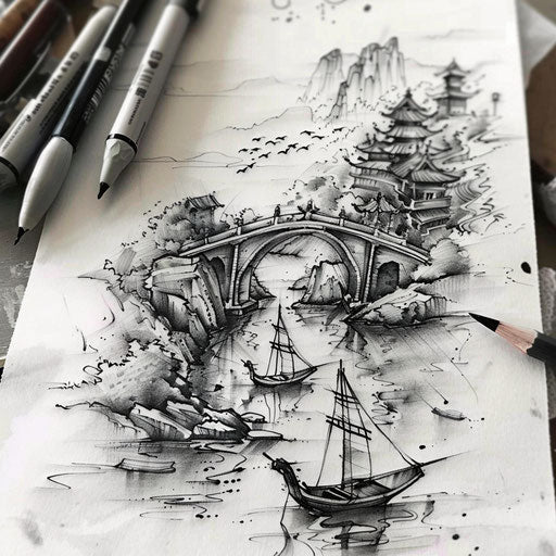 Artistic flat tattoo sketch of a riverside with a bridge and quaint boats