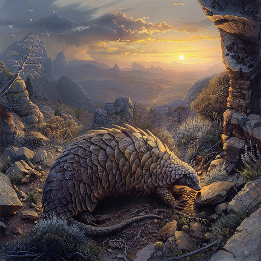A pangolin's journey in the mountain valley at sunrise