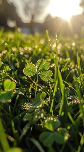 Four-leaf clover in grass, light and shadow