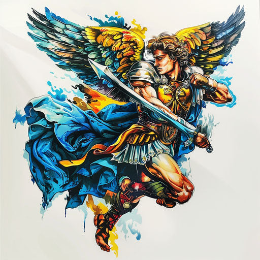 Saint Michael the Archangel tattoo design, vibrant colors