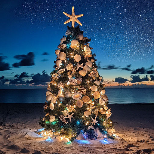 Tropical Christmas tree on sandy beach adorned with seashells