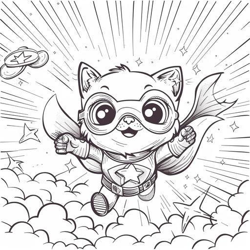 Whimsical cartoon cat as superhero flying through sky