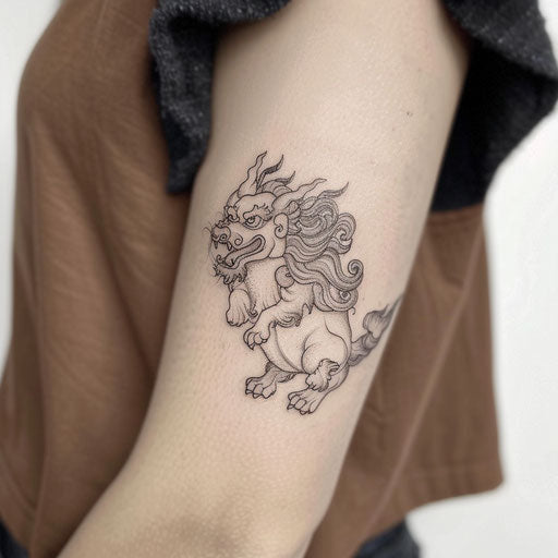 Minimalist black and white foo dog tattoo, fine lines on white background