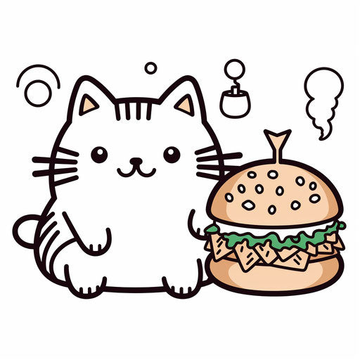 Pusheen coloring page with cat and hamburger