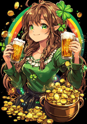 St. Patrick's Day anime girl t-shirt design with green and gold treasures