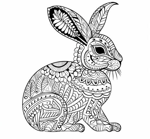 Black and white rabbit coloring illustration in anthropological geometric style