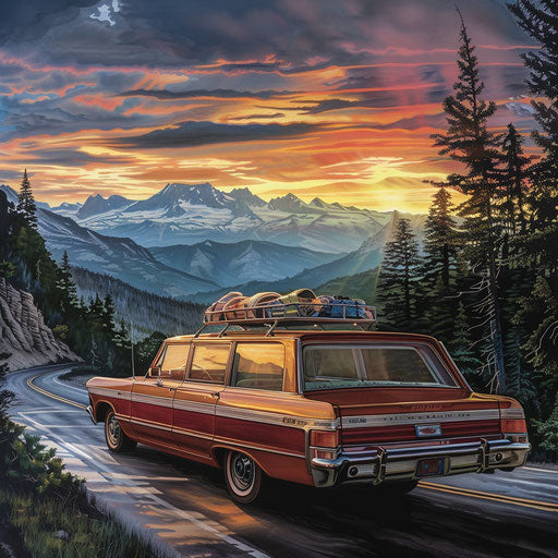 Vintage station wagon with camping gear, heading towards mountain range at sunrise