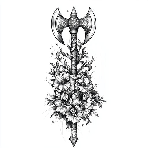 Beautiful flat tattoo sketch viking sleeve with axes and floral designs