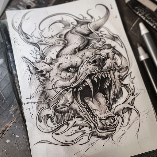 Bold and dark flat tattoo sketch with a hellhound