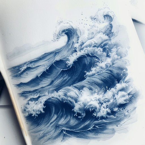 Dynamic water tattoo sketch of a stormy sea with crashing waves