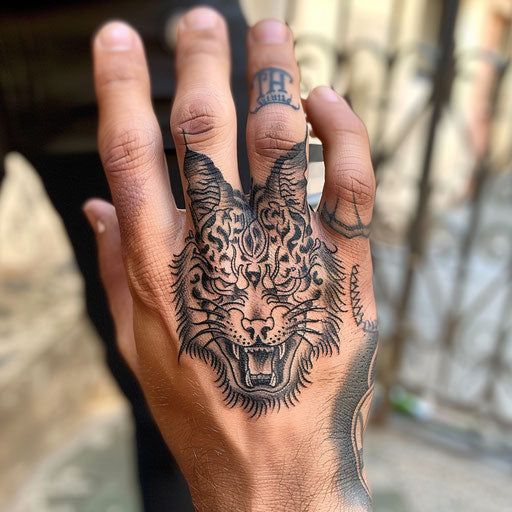 Finger tattoo with fierce animal designs