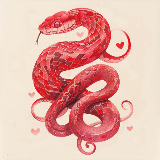 Romantic flat tattoo sketch of a red snake with heart-shaped patterns
