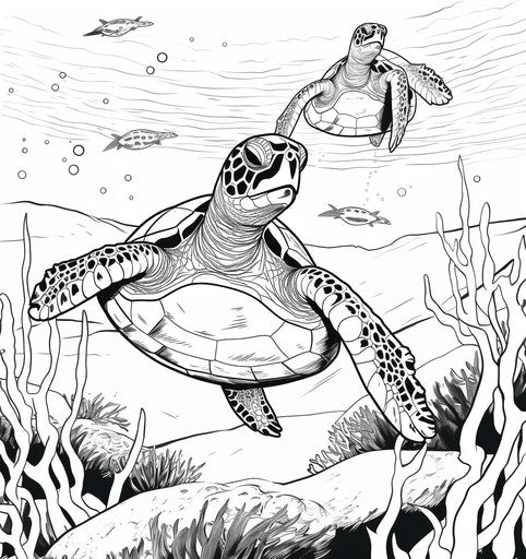 Two sea turtles in minimalist black and white