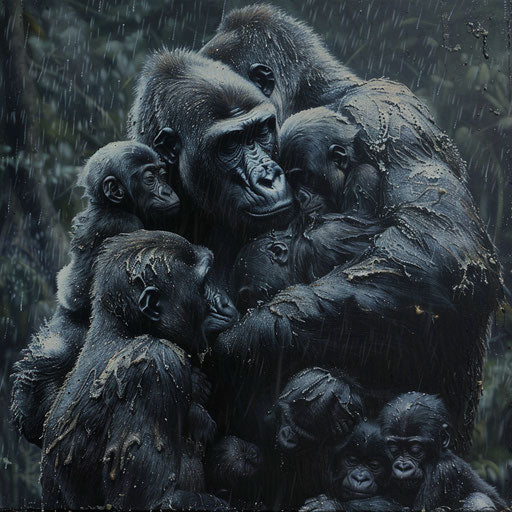 Gorilla family huddled together in a thunderstorm