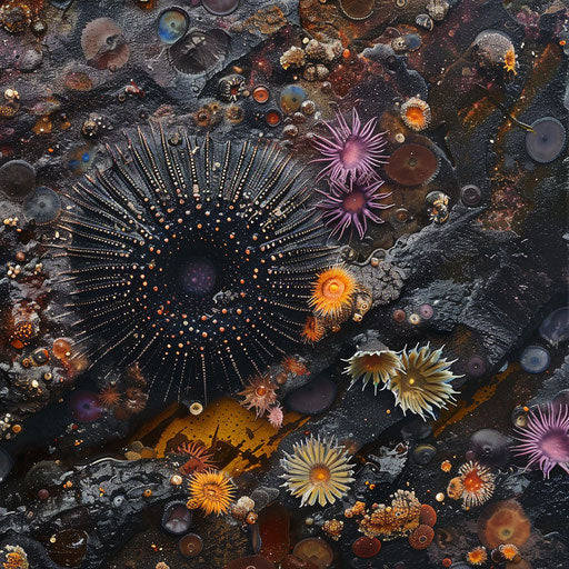 Sea urchin on rocky ocean floor with colorful marine life