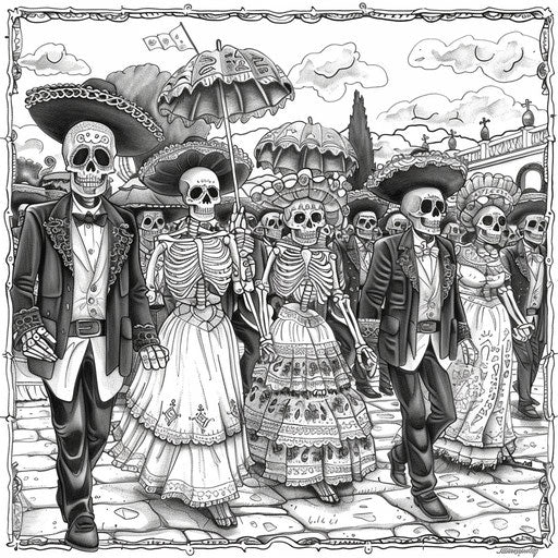 Detailed Day of the Dead parade with traditional costumes, Stephen Wiltshire style, coloring book page