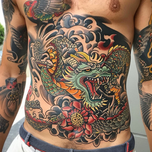 Ed Hardy-inspired stomach tattoos with iconic American motifs