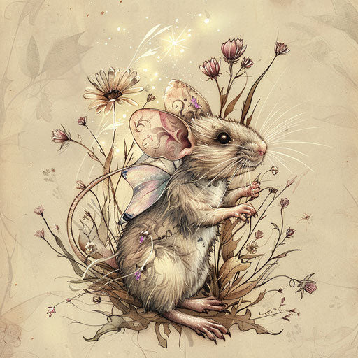 Enchanted tattoo sketch of a rat with fairy tale elements
