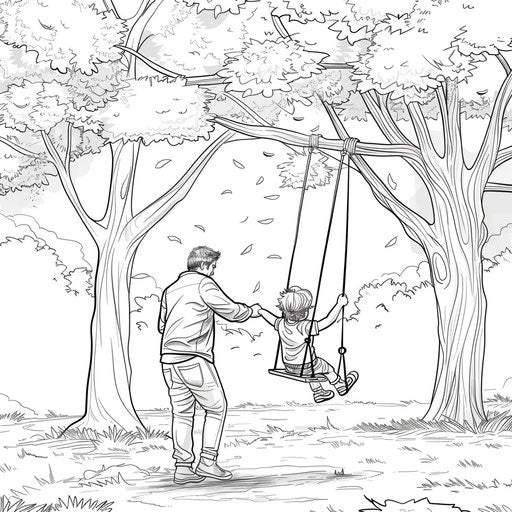 Swing play father-child coloring park page