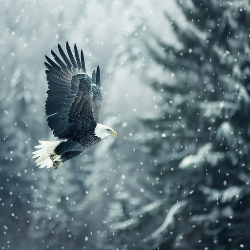 Bald eagle gliding over a snowy forest, ethereal atmosphere