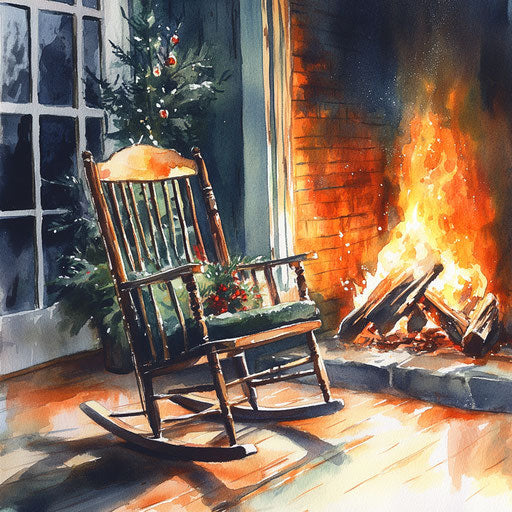 Vintage wooden rocking chair by the Christmas fire