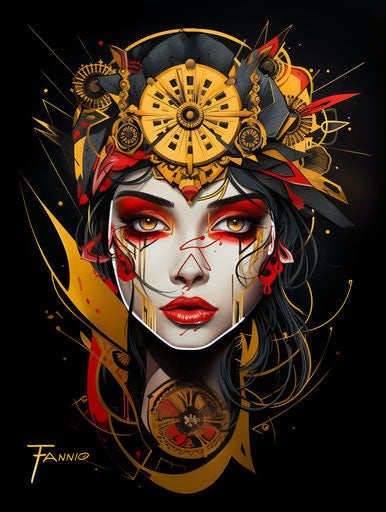 Tattooed girl with golden headdress on black background, yellow and red style