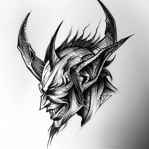 Devil stencil art tattoo in black and white on white background
