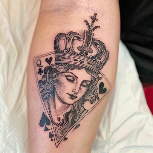 Renaissance-inspired Queen of Hearts tattoo, soft shading