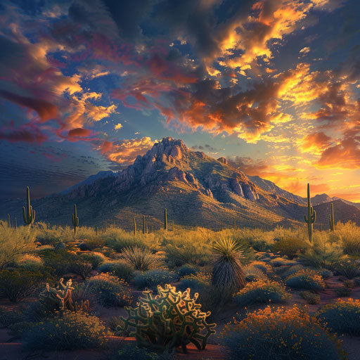 Mountain at sunset in the desert with vibrant hues