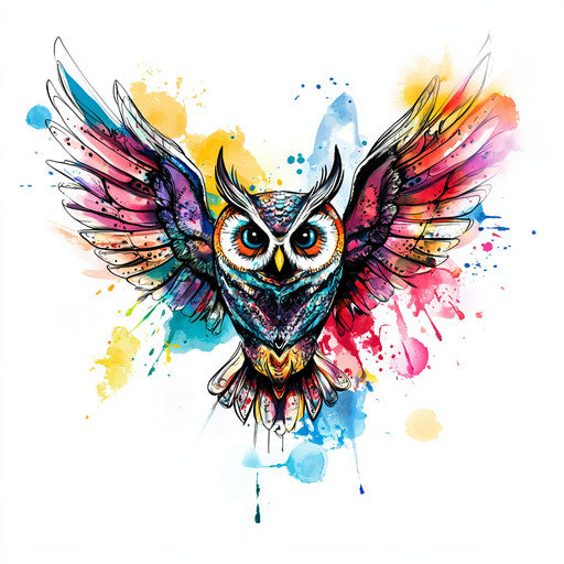 Beautiful flat tattoo sketch owl with vibrant watercolor splashes