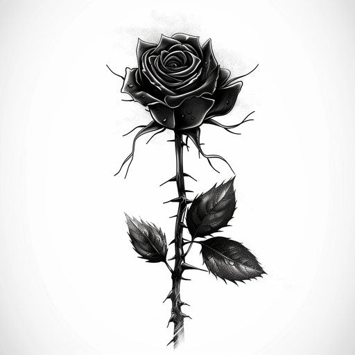 Illustration of small gothic-inspired black rose tattoo, with thorns on white background
