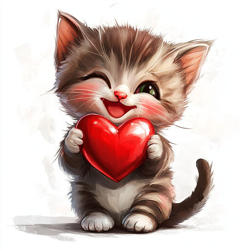 Adorable baby cat holding a red heart