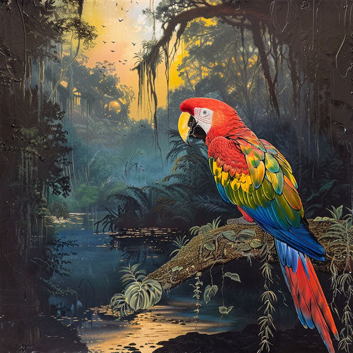 Macaw by a tranquil riverbank