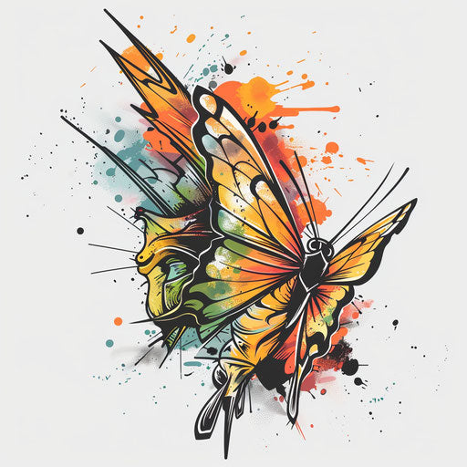 Butterfly emerging chrysalis, vivid oranges and yellows