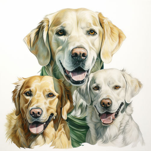 Three dogs in green and gold style, yellow retriever resting