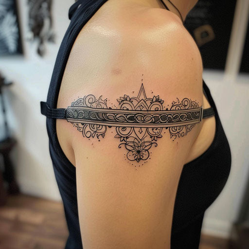 Tolkien-inspired arm tattoo in Peter Jackson style, upper arm