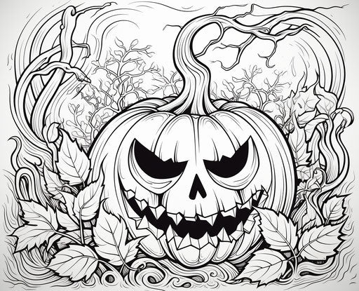 Halloween coloring pages with a jack o lantern, in the style of lith printing, detailed foliage 31:25