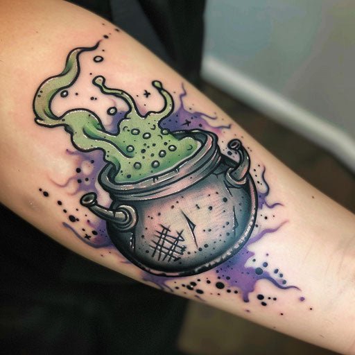 Magical witch's cauldron tattoo, bubbling potion, green ink