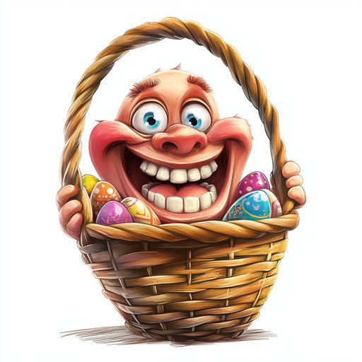 Humorous caricature of an Easter basket with human characteristics
