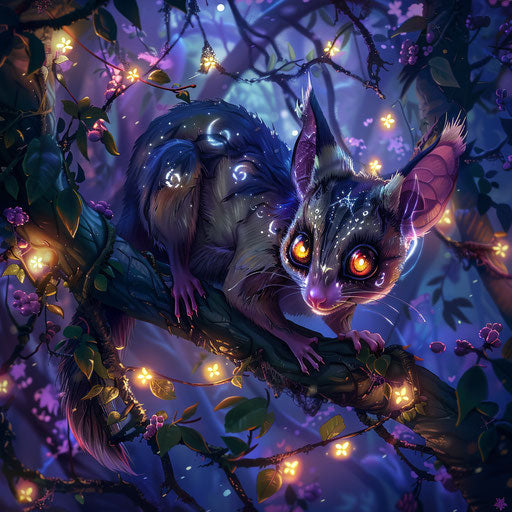A wizardly sugar glider with glowing eyes in an enchanted forest