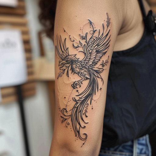 Forearm tattoos for women in David Palumbo style, mythical phoenix