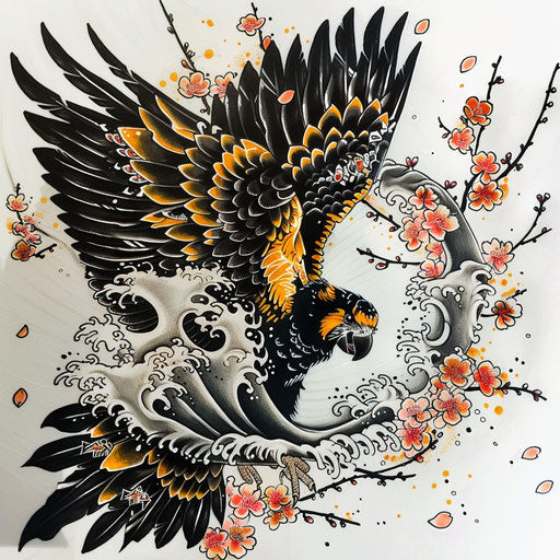 Japanese irezumi tattoo sketch of a yellow-tailed black cockatoo