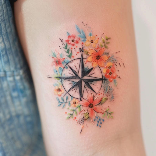 Watercolor tattoo of compass with floral motifs on white