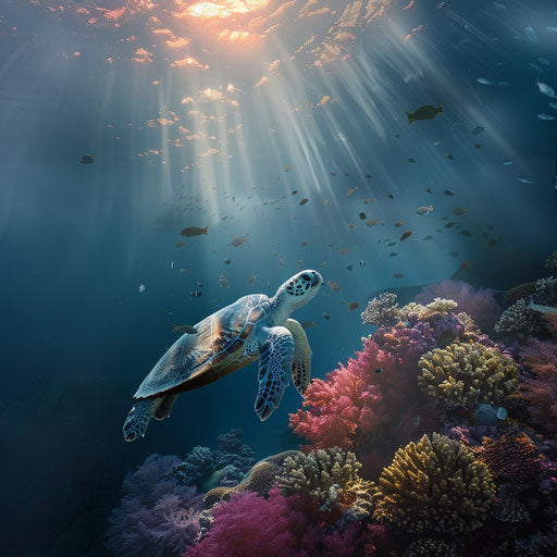 Rare sea turtle and vibrant coral reef on a foggy morning