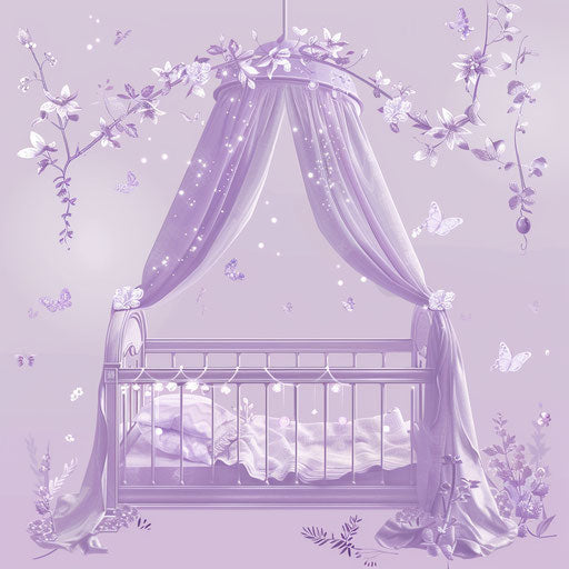 Baby cot on soft lavender background, realistic touch